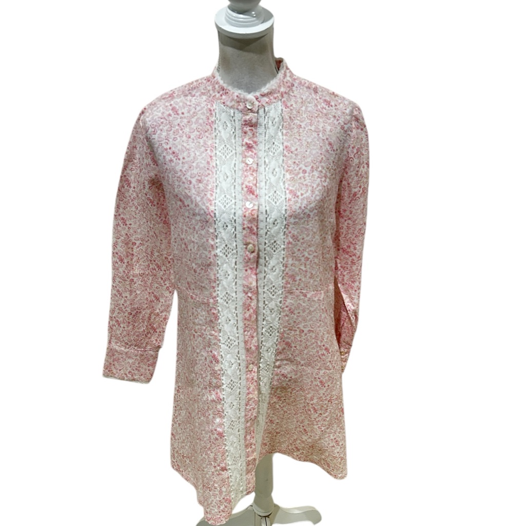 Nwot Asha Plage Pale Pink Floral Long Sleeve Mini Dress Lace Trim Linen Medium